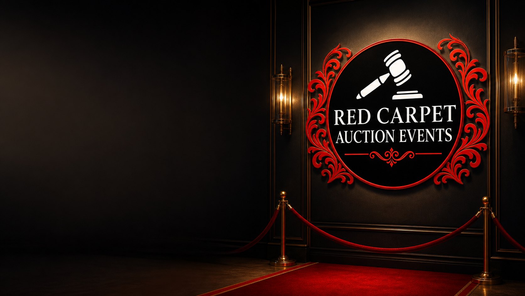 The official Red Carpet Auction Events emblem displayed in an elegant red-carpet auction setting