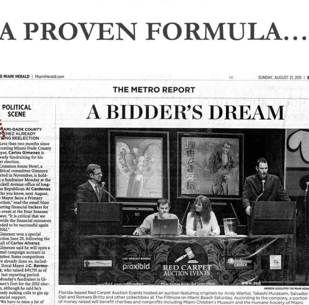 Miami Herald clipping titled A Bidder's Dream showing a Red Carpet Auction Events sale in Miami Beach
